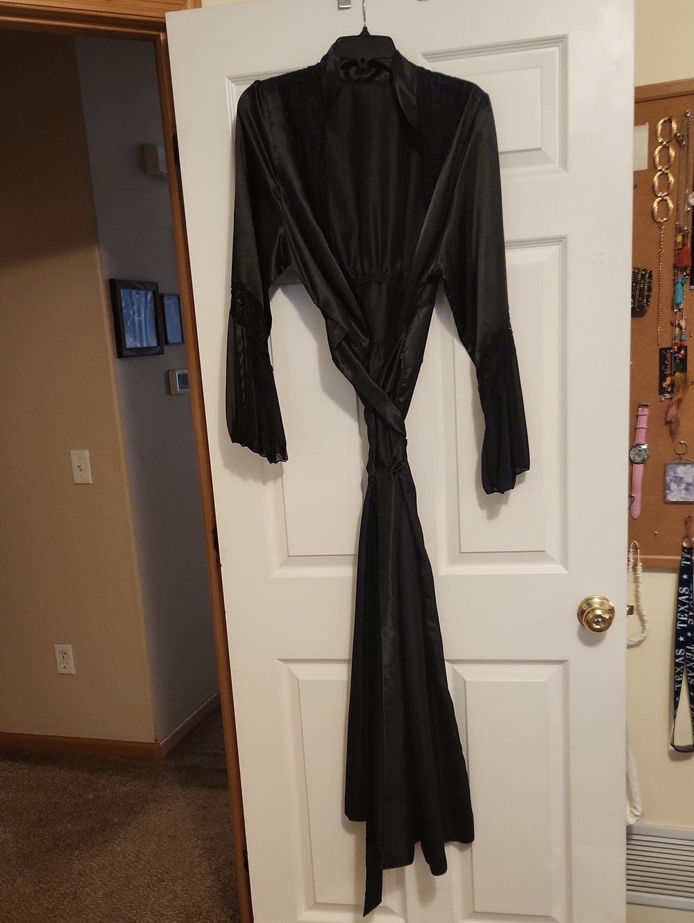 Black Satin Long Robe with Tie-Front